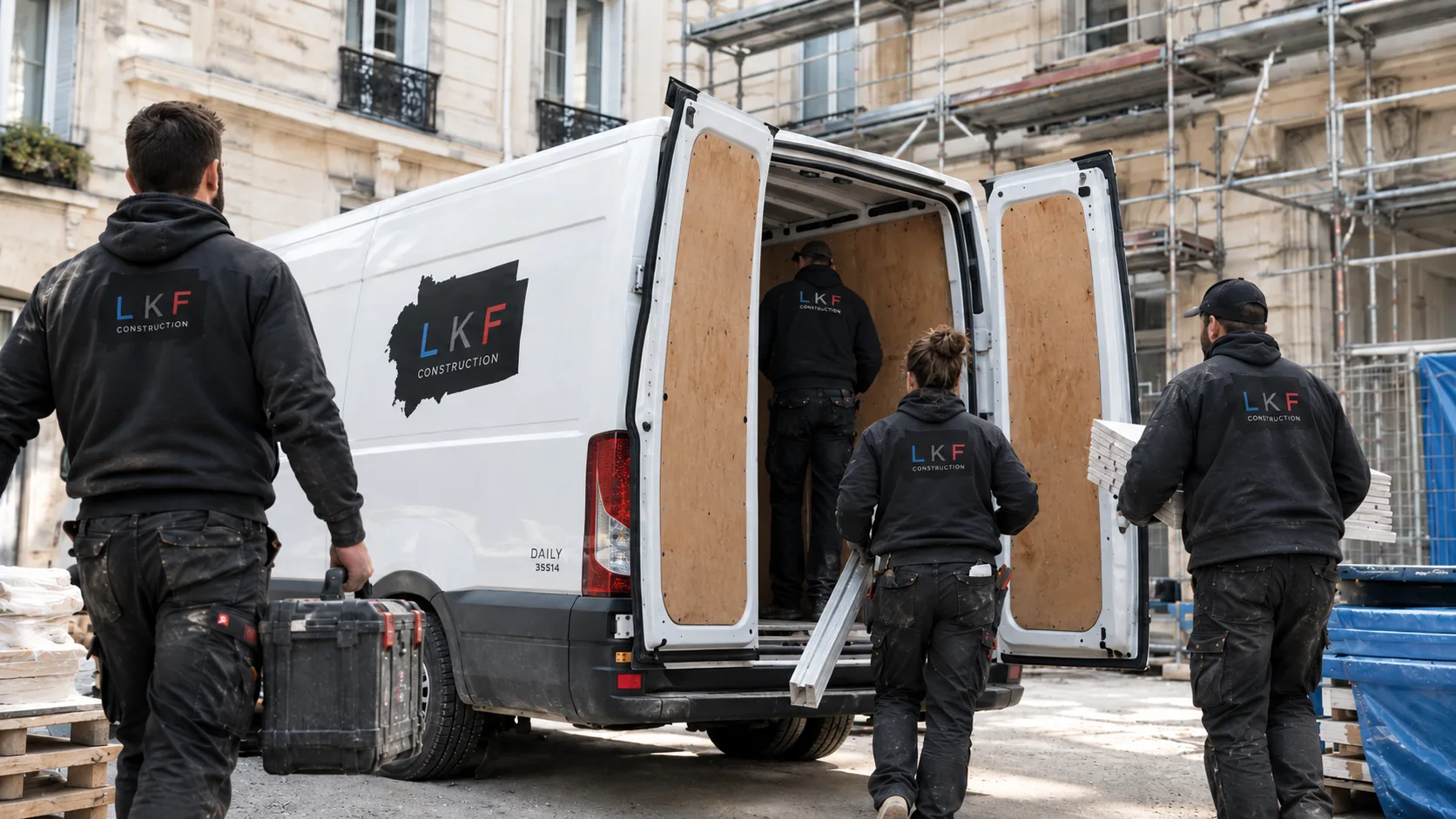 Quatre compagnons LKF Construction déchargeant le matériel de leur fourgon floqué devant un immeuble haussmannien parisien sous échafaudage